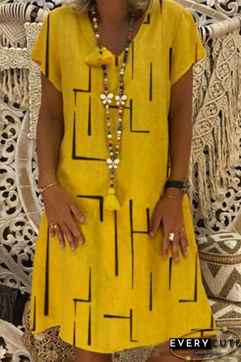 Casual Print Patchwork V Neck Straight Dresses(8 Colors)