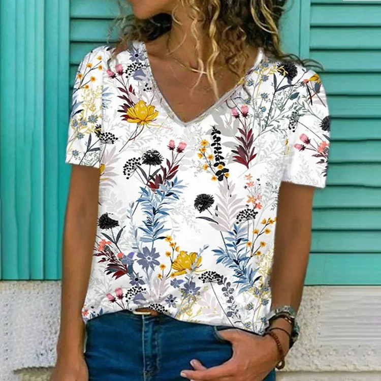 Casual V Neck Printed Short Sleeve T-Shirt