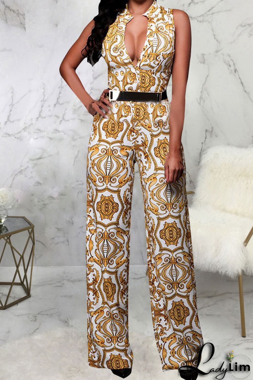 Black Yellow Casual Print Patchwork Buckle Mandarin Collar Straight Jumpsuits