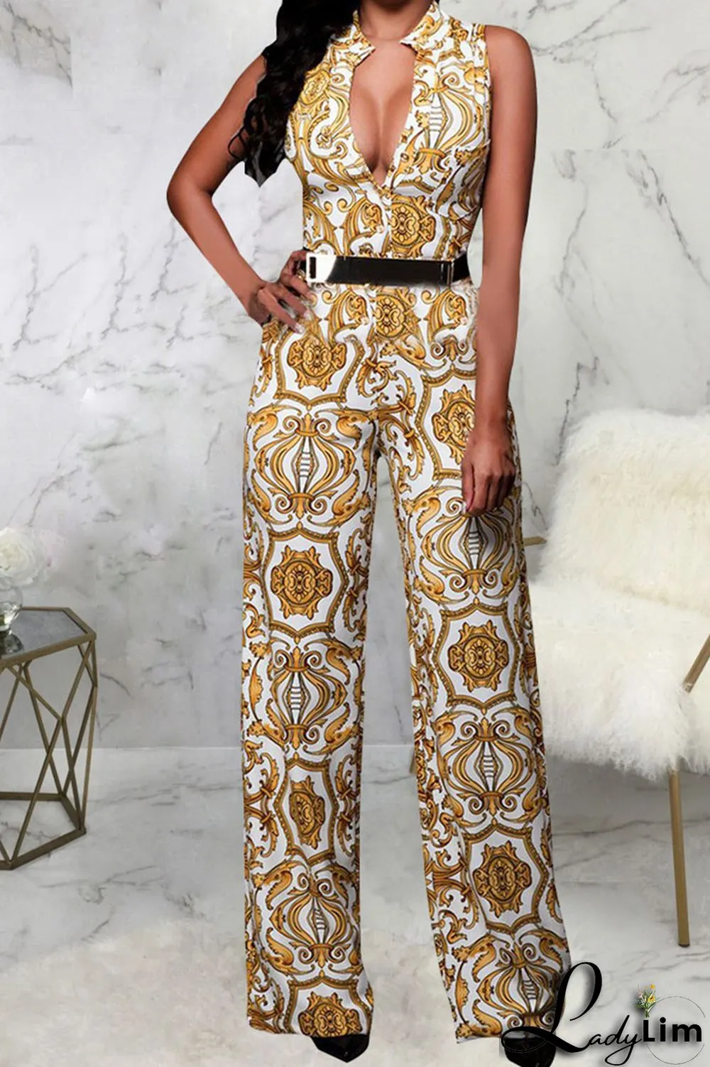Black Yellow Casual Print Patchwork Buckle Mandarin Collar Straight Jumpsuits