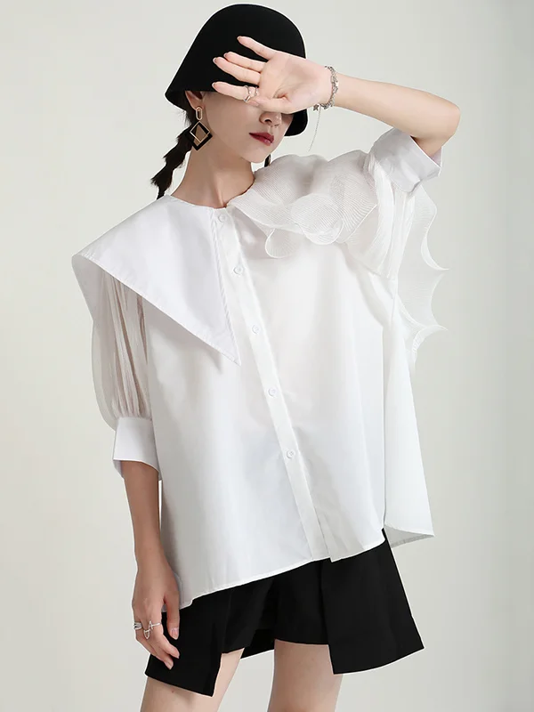 Stylish Asymmetric Split-Joint Falbala With Belted Half Sleeves Blouses