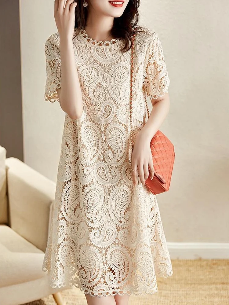 Elegant Plain Lace Hollow Short Sleeve A Line Midi Dress
