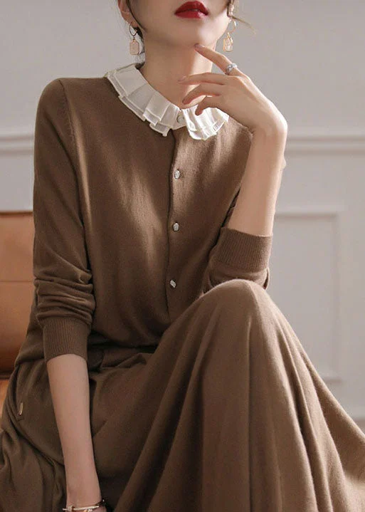 Women Coffee O-Neck Ruffled Patchwork Cashmere Cardigans Spring