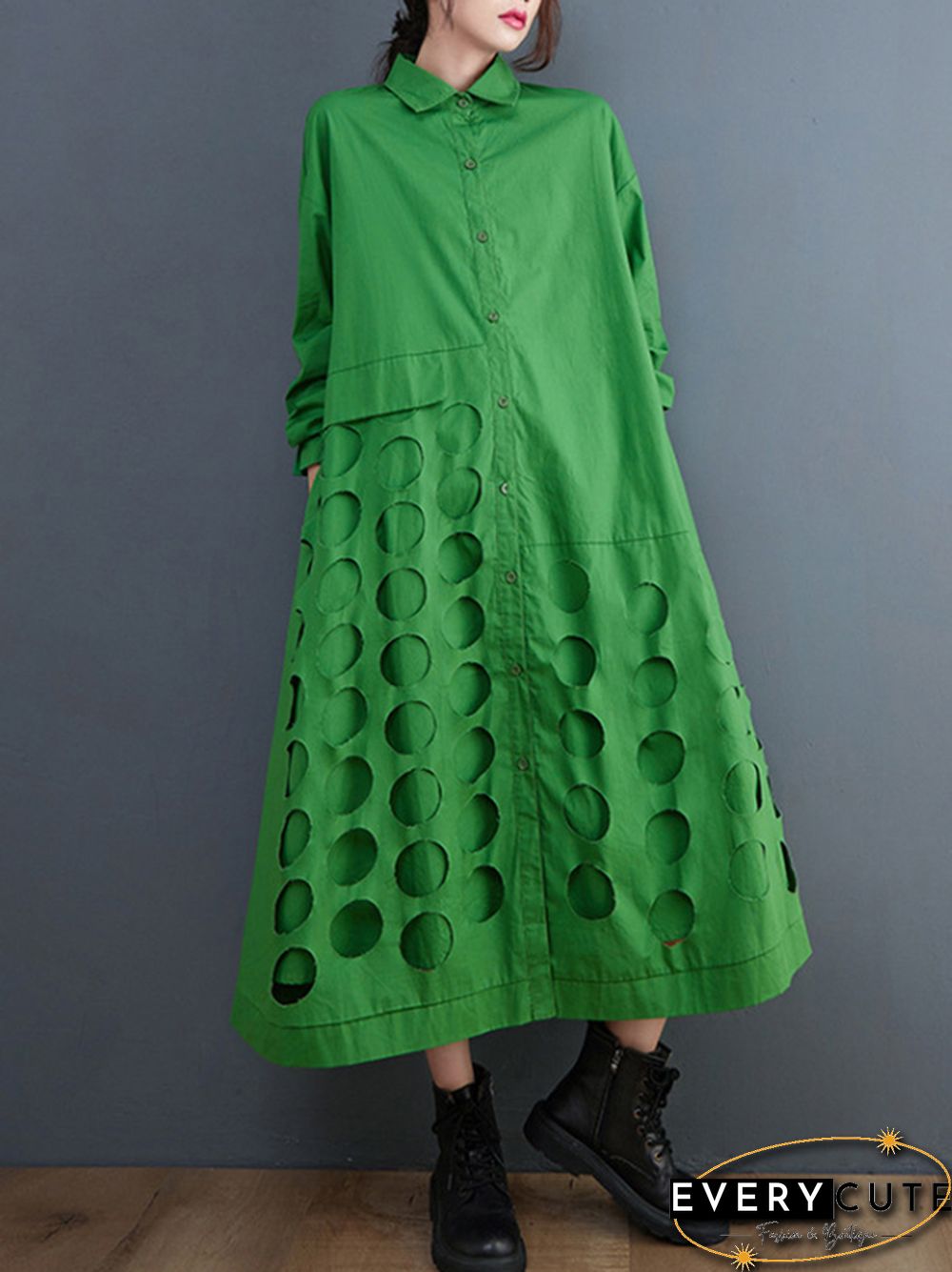 A-Line Long Sleeves Asymmetric Hollow Polka-Dot Solid Color Lapel Midi Dresses