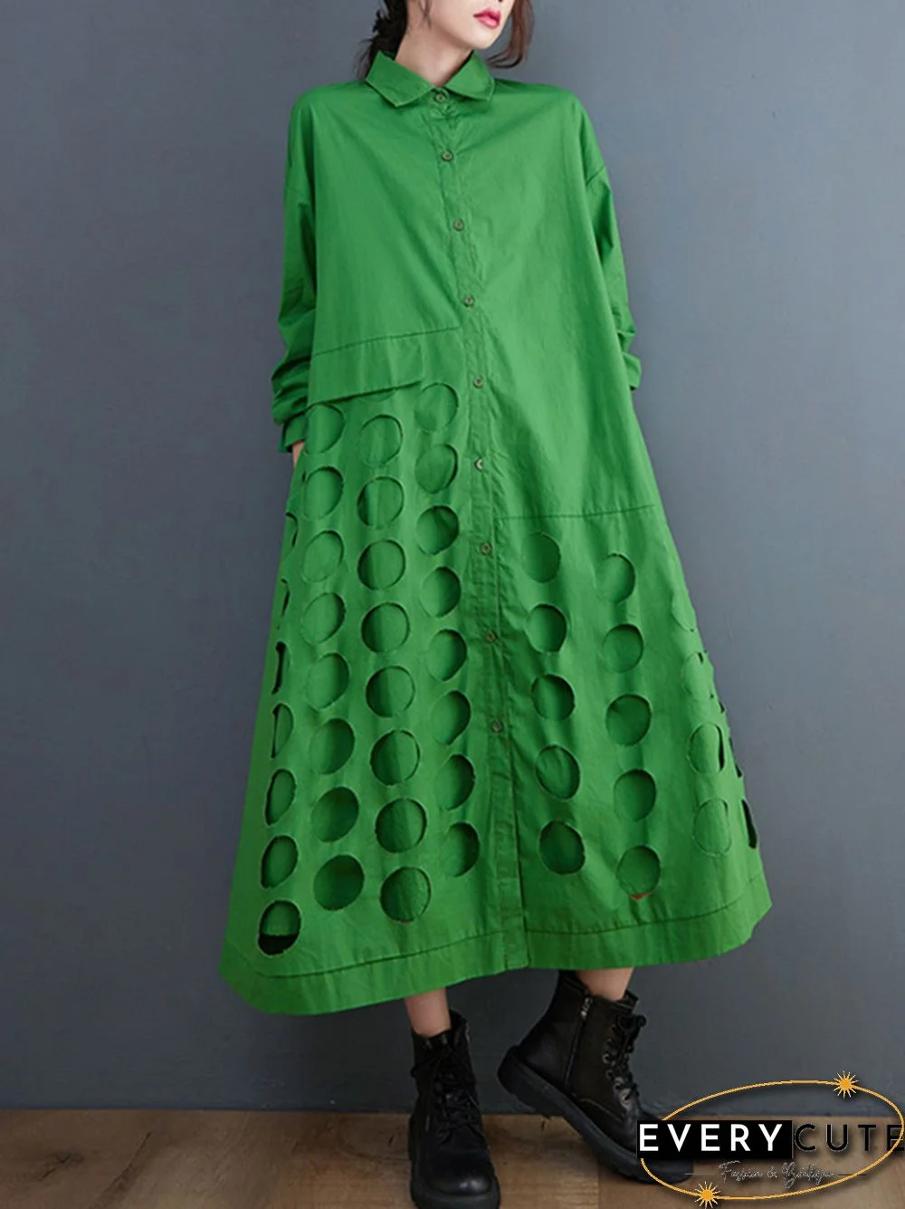 A-Line Long Sleeves Asymmetric Hollow Polka-Dot Solid Color Lapel Midi Dresses