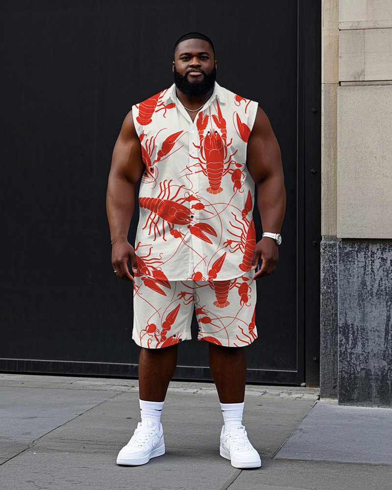 Big Men's Casual Cartoon Lobster All Over Printed Hawaiian Sleeveless Shirt and Shorts Set