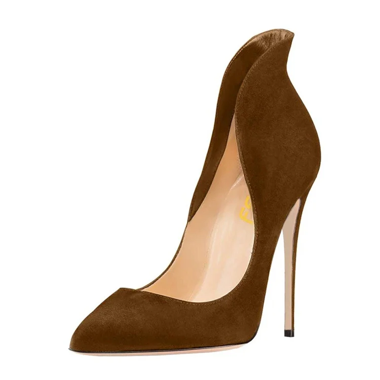 Brown Collar Stiletto Heels Pumps Pointy Toe Formal Shoes |FSJ Shoes
