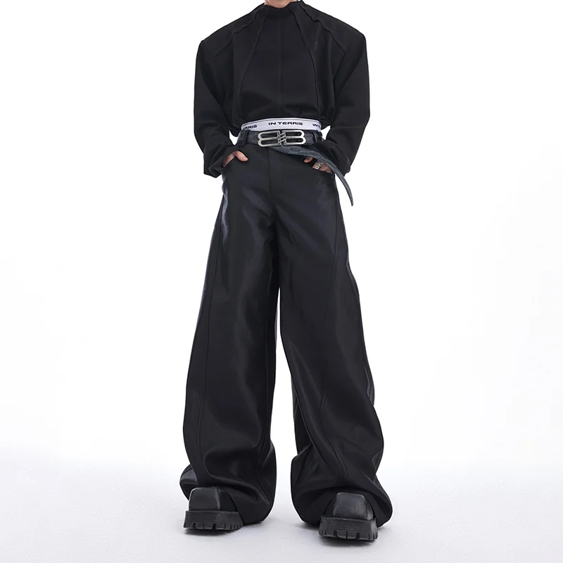 Aonga Spring Autumn Long Loose Casual Glossy Baggy Flowy Soft Black Wide Leg Pants Men Luxury Designer Emo Clothing 2024 aonga