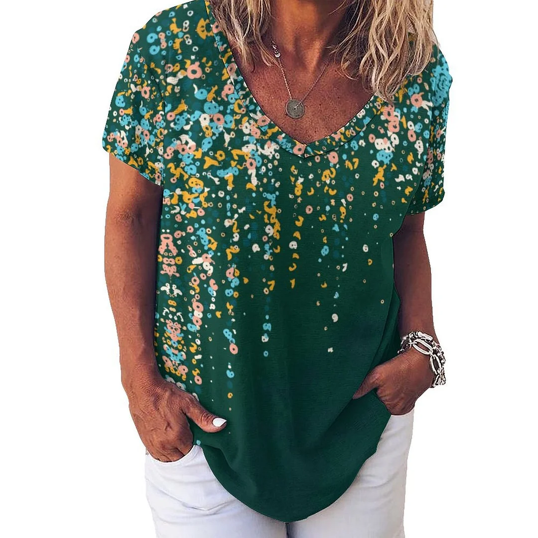 V-neck Short Sleeve Casual T-shirt for  Women Printed with Pattern Black, Colorful, Abstract