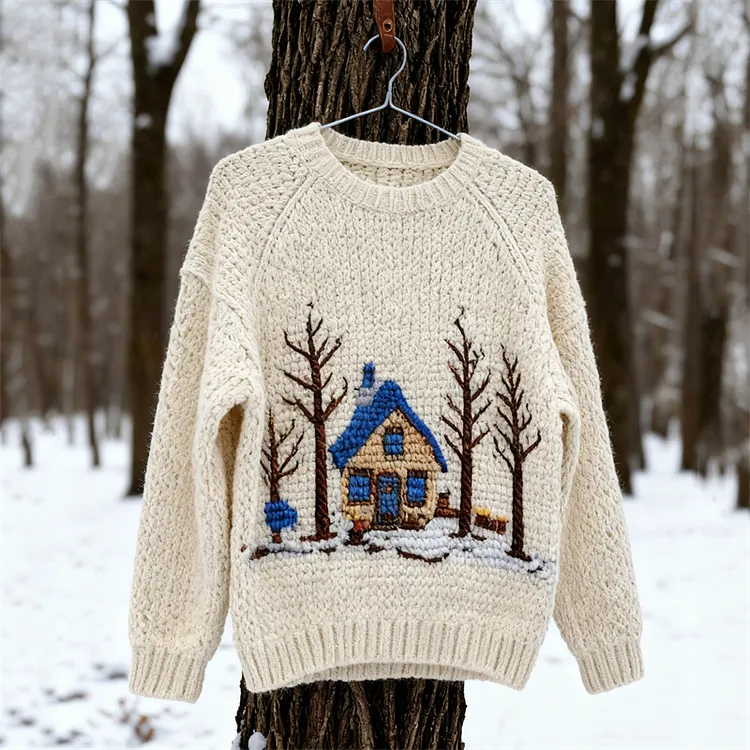 Vintage Snowy Forest Cottage Crochet Cozy Knit Sweater