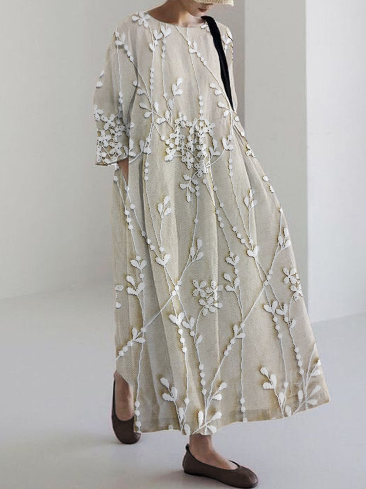 Classy Floral Lace Embroidered Linen Blend Maxi Dress artswardrobe