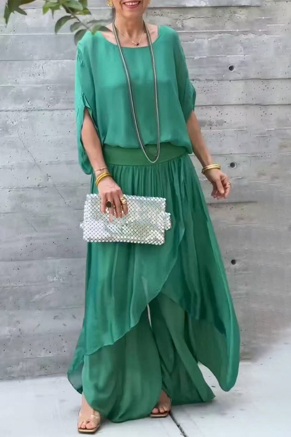 Plus Size Casual Light Blue Chiffon Batwing Sleeve Layered Wide Leg Two Piece Pant Suit 2024 - Flycurvy 