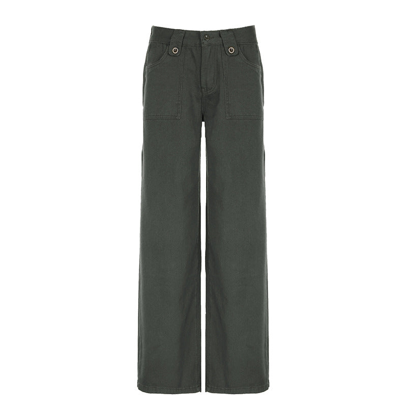 Aiertu fashion outfits American Style Street Pocket High Waist Workwear Straight Pants Women's Hot Girl Loose Slimming Simple Solid Color Casual Trousers aiertu