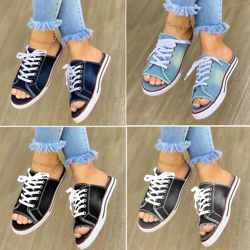 2022 Fashion Women Canvas Sandals Breathable Summer Slippers Lace Up Open Toe Ladies Faux Denim Flat Shoes Zapatos Mujer