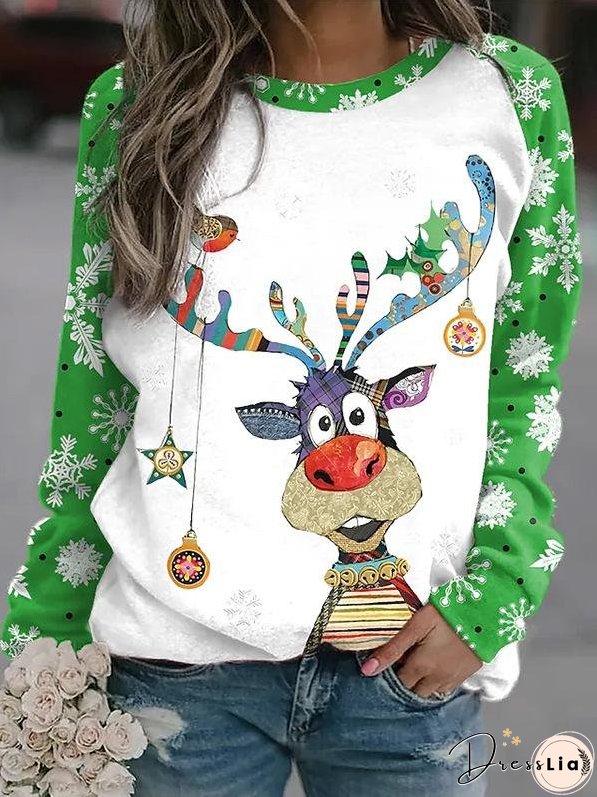 Women's T-Shirts Christmas Elk Crew Neck Long Sleeve Casual T-Shirt
