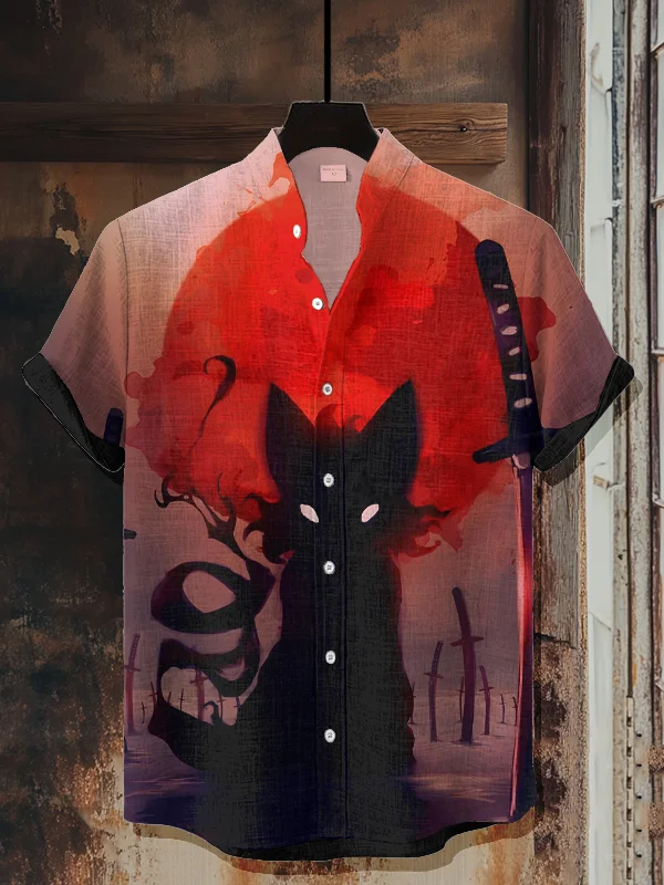 Men's Japanese Samurai Cat Mythology Art Print Short Sleeve Shirt