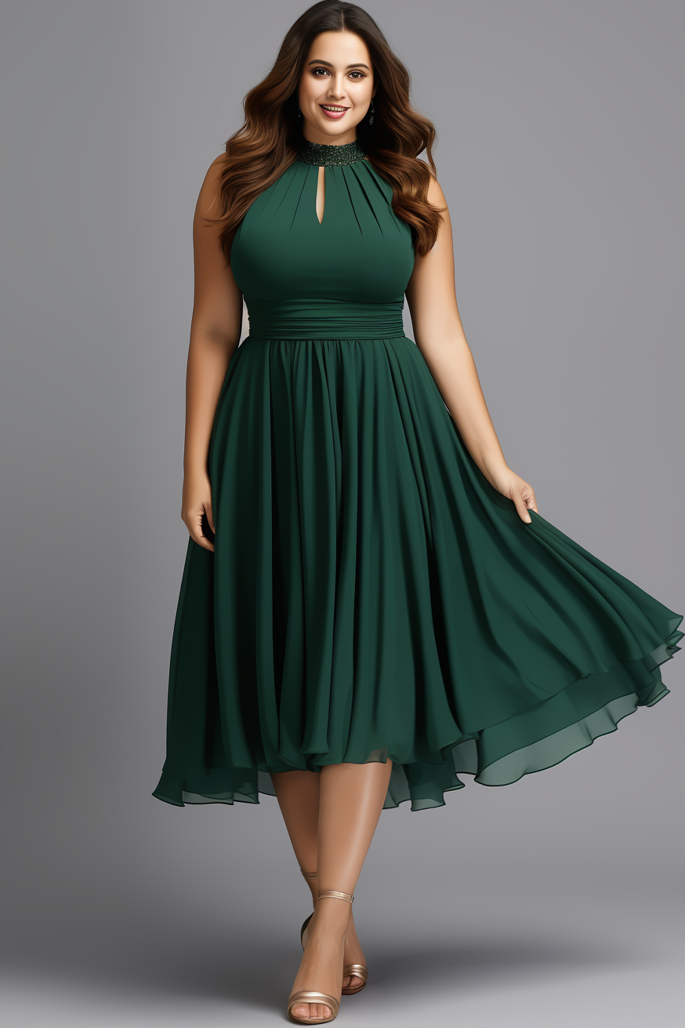 Flycurvy Plus Size Wedding Guest Dark Green Chiffon Halter Tea-Length Dress 2024 - Flycurvy 