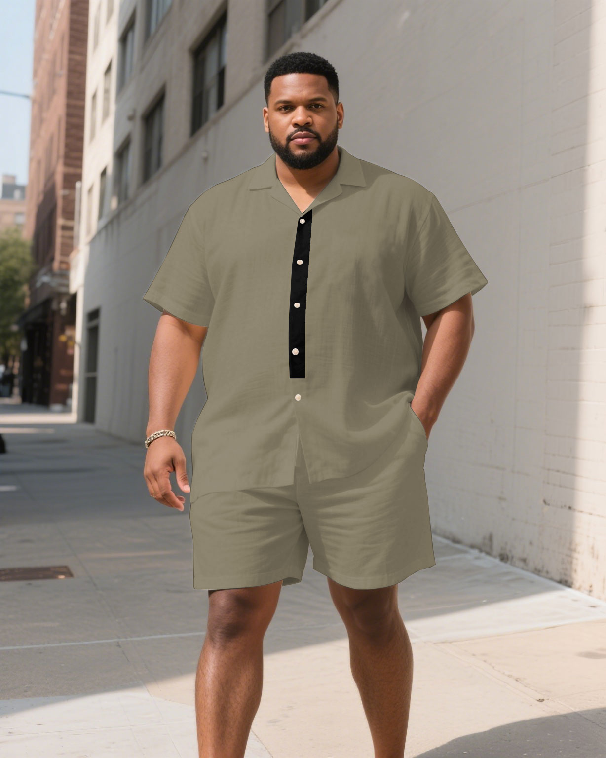 Men's Plus Size Khaki Placket Stitching Black Characteristic Short Sleeve Shirt Shorts Suit