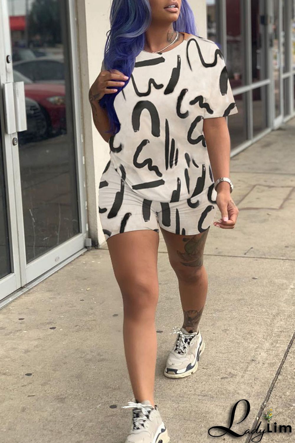 Black Casual Print Patchwork O Neck Short Sleeve Two Pieces