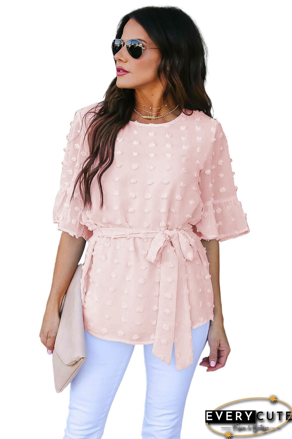 Pink Swiss Dot Tie Blouse