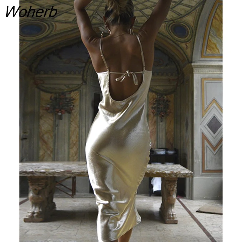 Woherb Gold Satin Lace Up Sexy Party Dress Women Strap Backless Silk Long Dress Elegant Club Evening Soft Winter Dress Vestidos