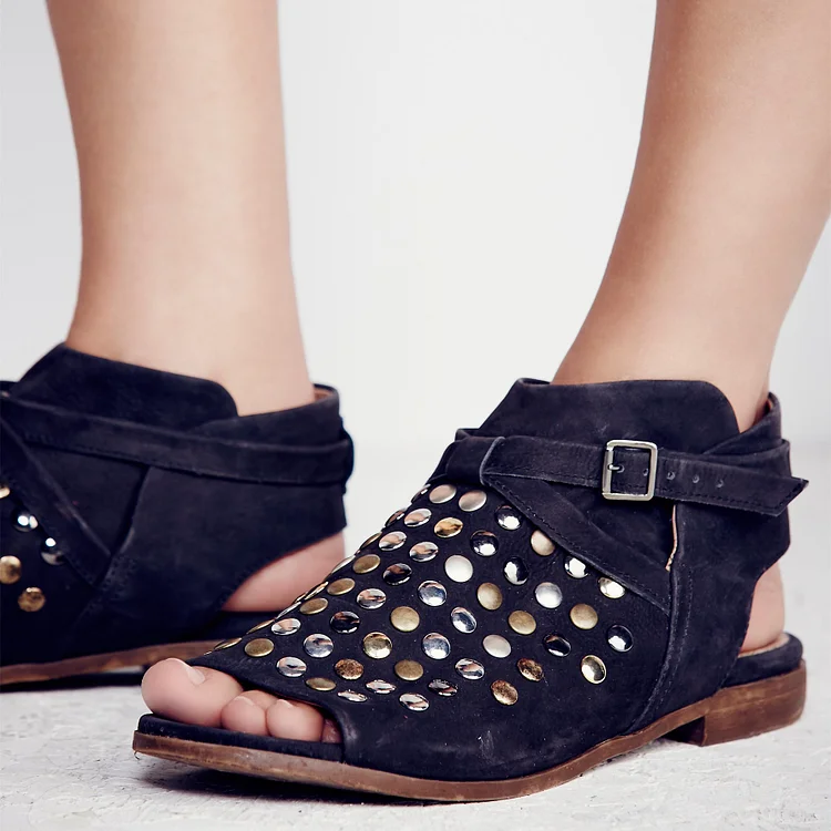 Black Vintage Shoes Slip-on Vegan Suede Rivets Comfortable Flats |FSJ Shoes