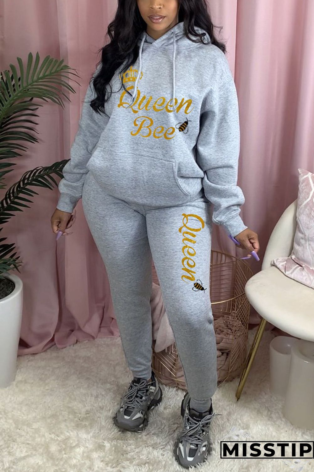 Grey Casual Print Patchwork Hooded Collar Long Sleeve Two Pieces