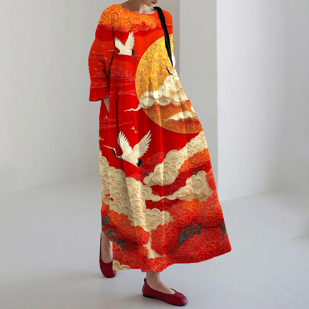 Comstylish Vintage Cranes & Clouds Art Pattern Cozy Linen Maxi Dress