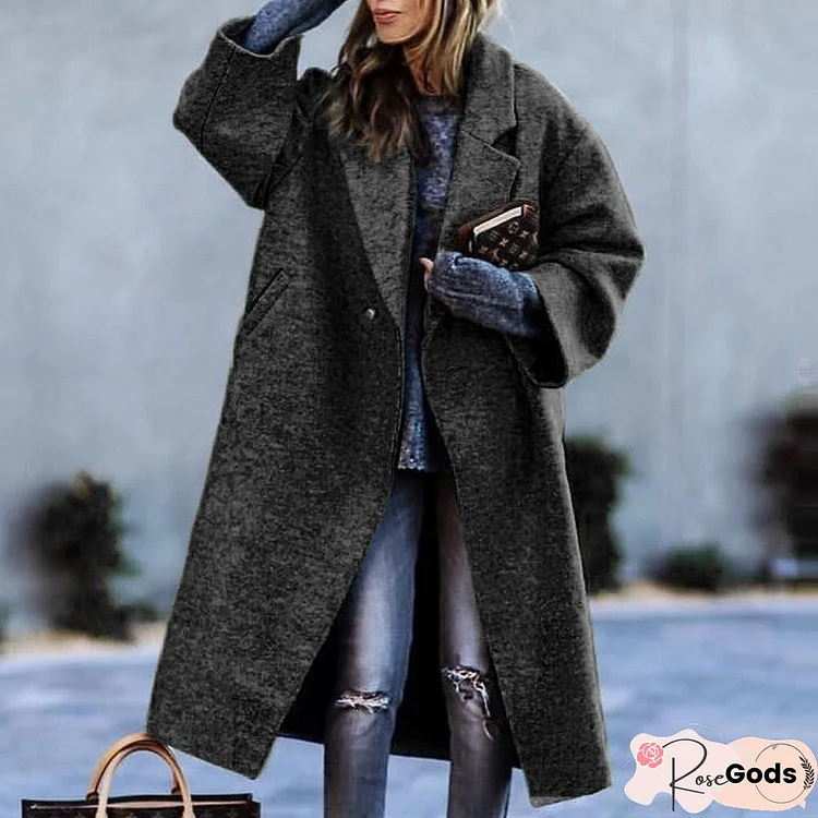 Women Pockets Solid Wool-Blend Coat