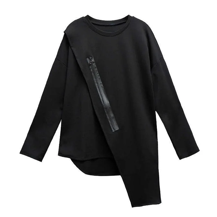 Fashion Black Round Neck Asymmetrical Patchwork Zipper Decor Long Sleeve T-shirt     