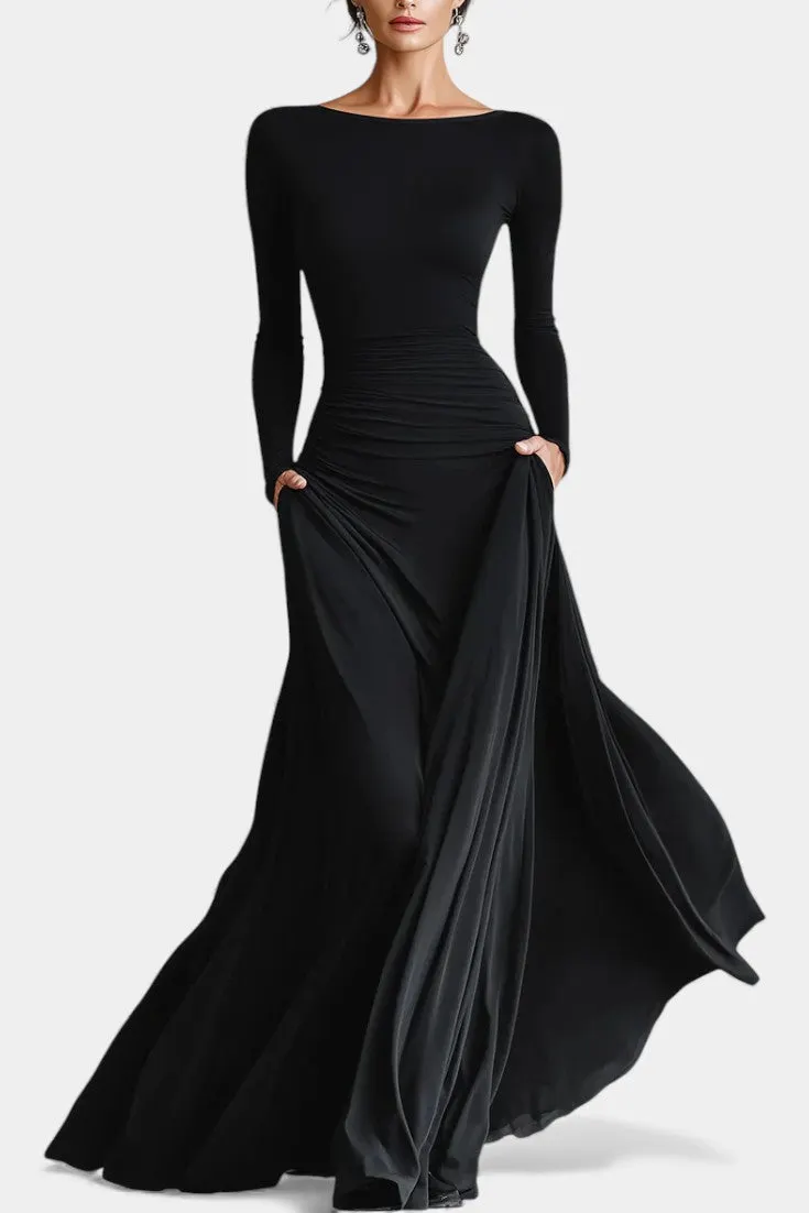 Structured Long-Sleeve Black Maxi with Ruched Waist