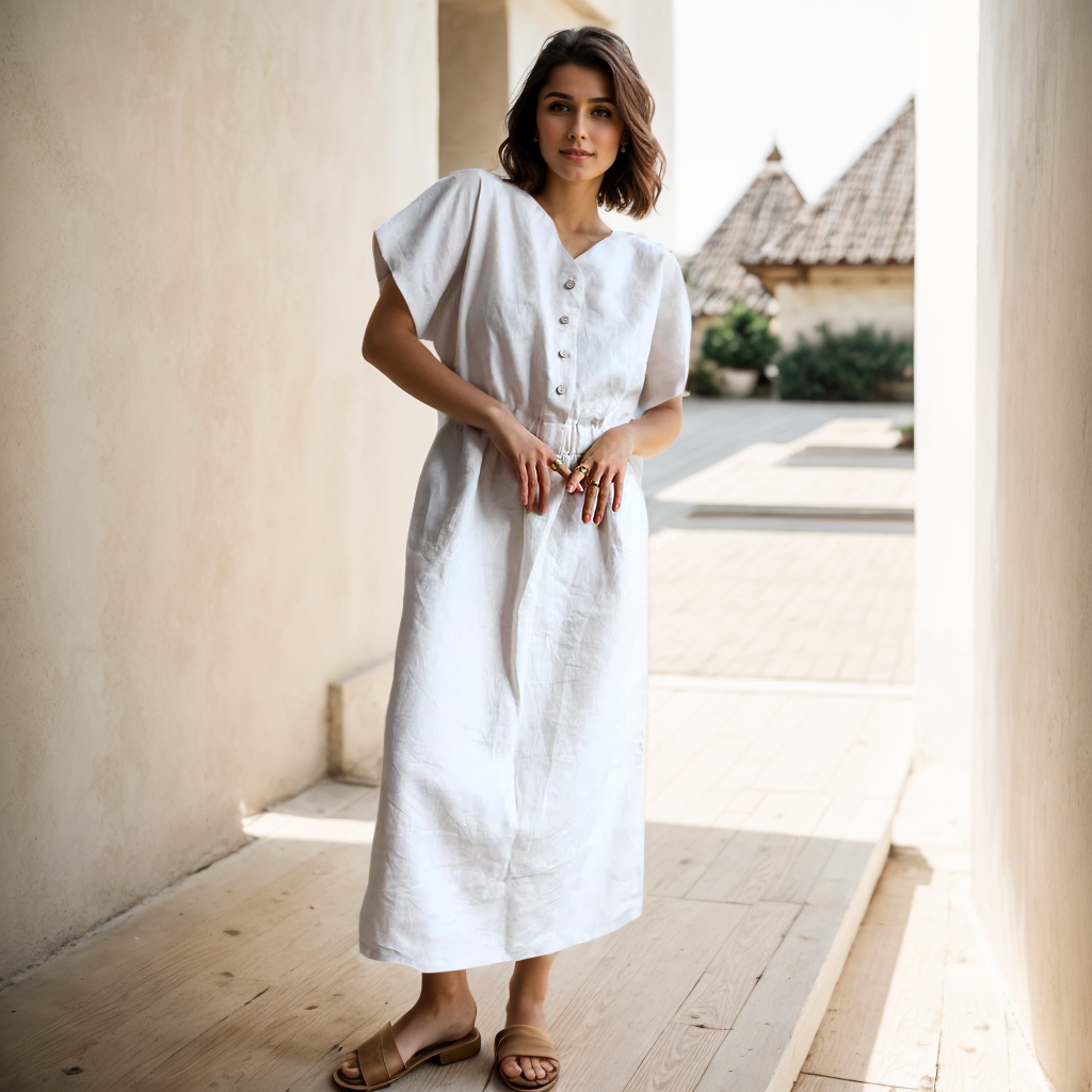 100% European Linen Natural V-neck Dress REAL SILK LIFE