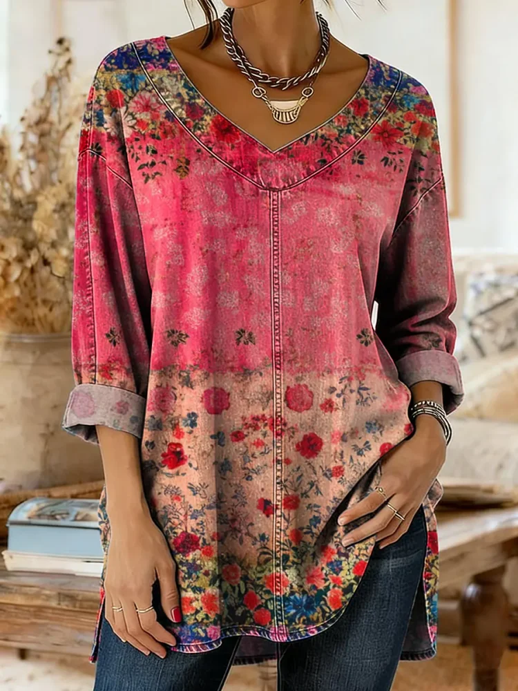 Retro Floral Pattern Art Print Casual Washed Denim Cotton Top