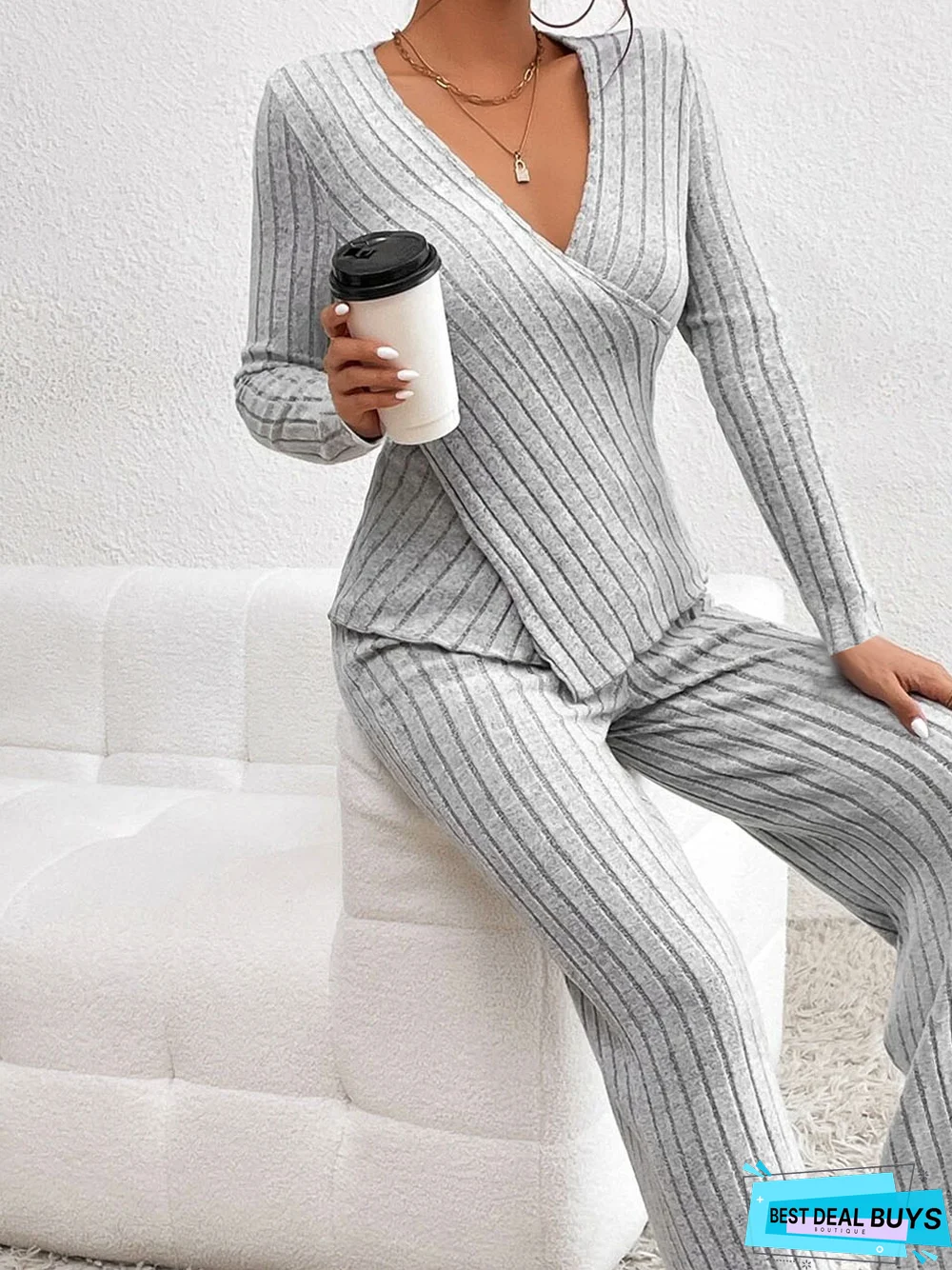 Contrast Trim Wrap Cross Tee & Pants Two-Piece Set