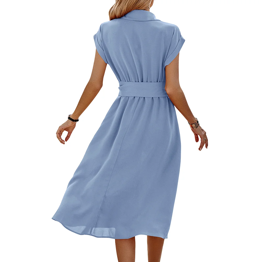 Light Blue Button Lapel Pocket Midi Dress With Tie