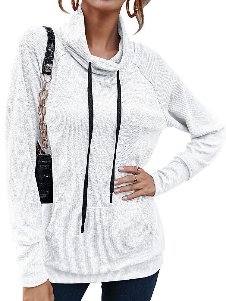 Women's Casual High Neck Long Sleeve Sweater With Drawstring Hood Top
