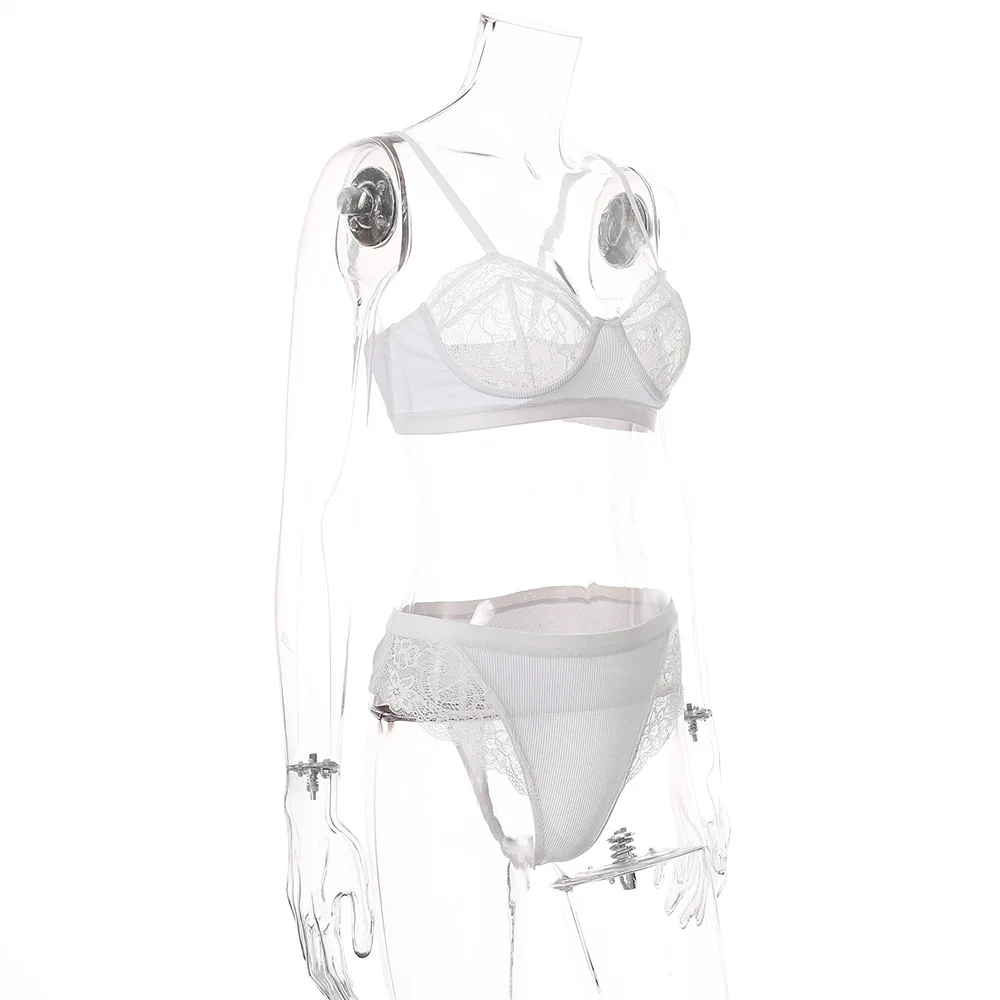 Billionm Women's Underwear Set Lace Femme Lingerie See Through Push Up Bra High Waist Panties Mesh Sexy Nightwear 2 Piece White Black