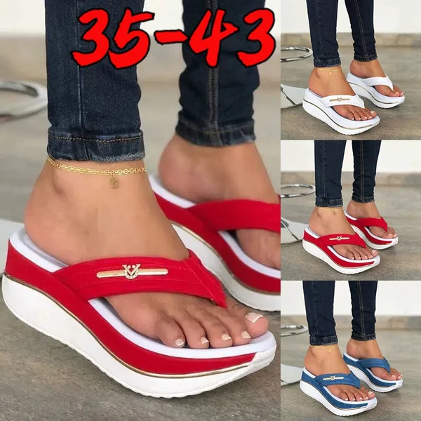 Summer Women's Wedge Heel Thick Bottom Flip Flops Platform Slippers Outdoor Leisure Platform Sandals Height Increasing Sandals Plus Size 35-43