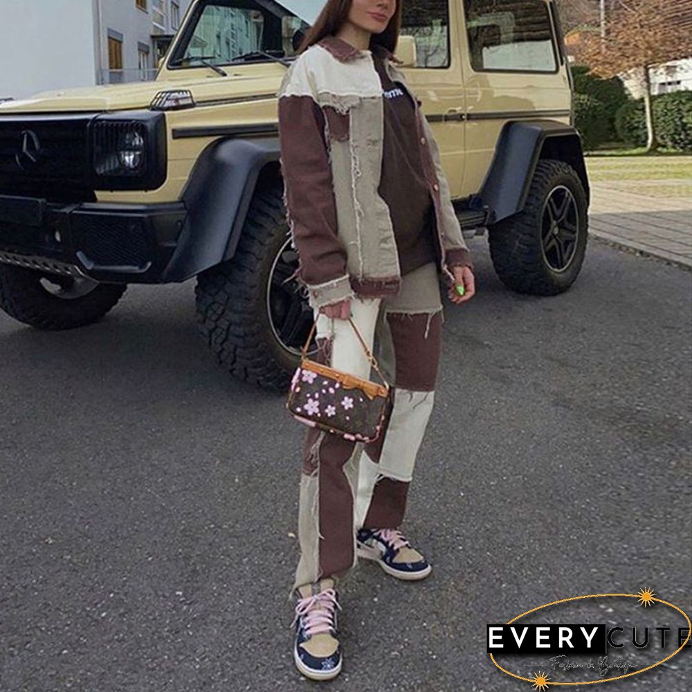 Patchwork Stitch Color Block Slim Fit Straight Leg Jeans Ripped Denim Pants