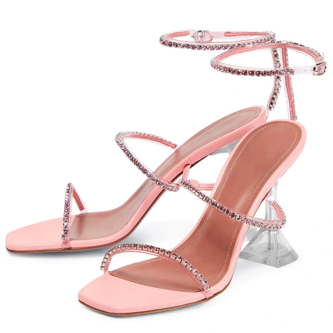 95mm Heeled Sandals for Women Square Toe Two Strap Party Wedding Matte Heels