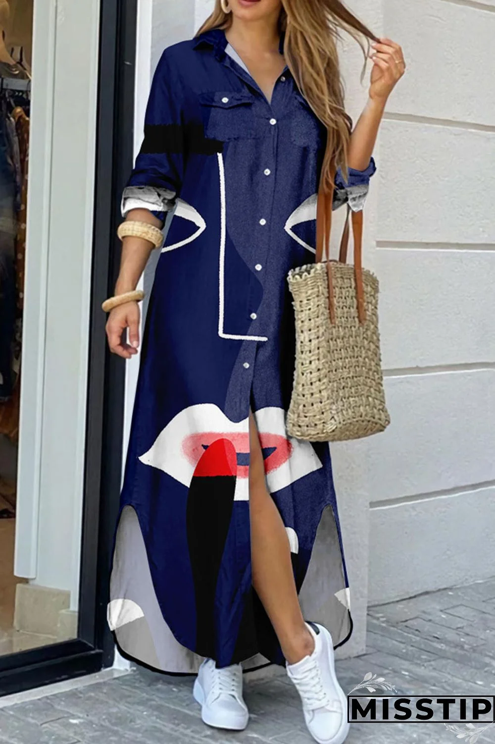 Dark Blue Casual Street Print Patchwork Buckle Turndown Collar Shirt Dress Dresses