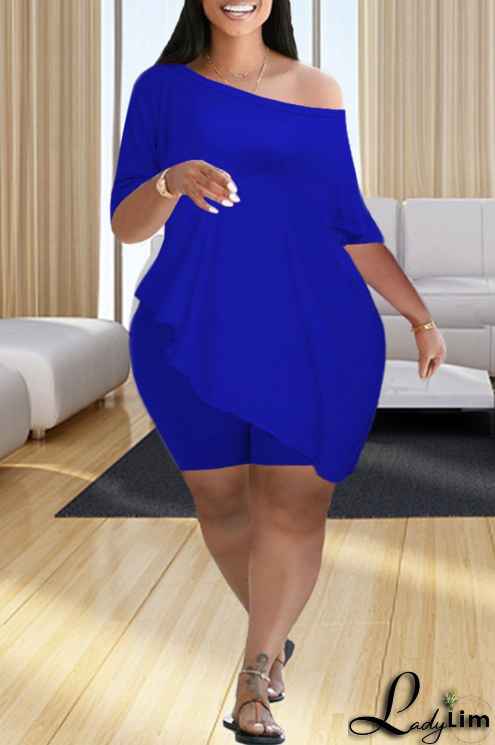 Black Fashion Casual Solid Asymmetrical Oblique Collar Half Sleeve Two Pieces