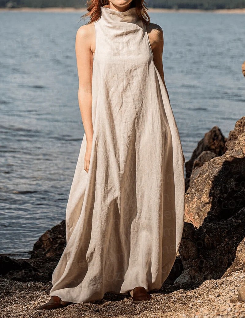 Women's Stand Collar Back Pleated Linen Maxi Dress