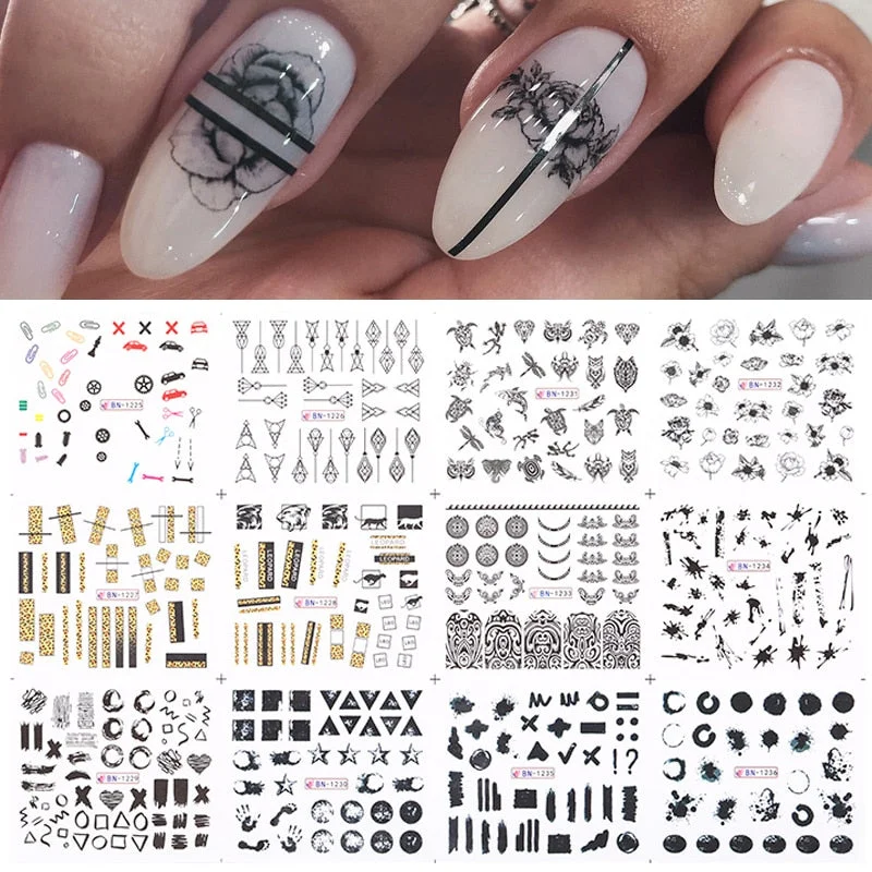 12 Designs Nail Stickers Set Snowflake Floral Geometric Nail Art Water Transfer Decals Sliders Flower Leaf Manicures Decoration