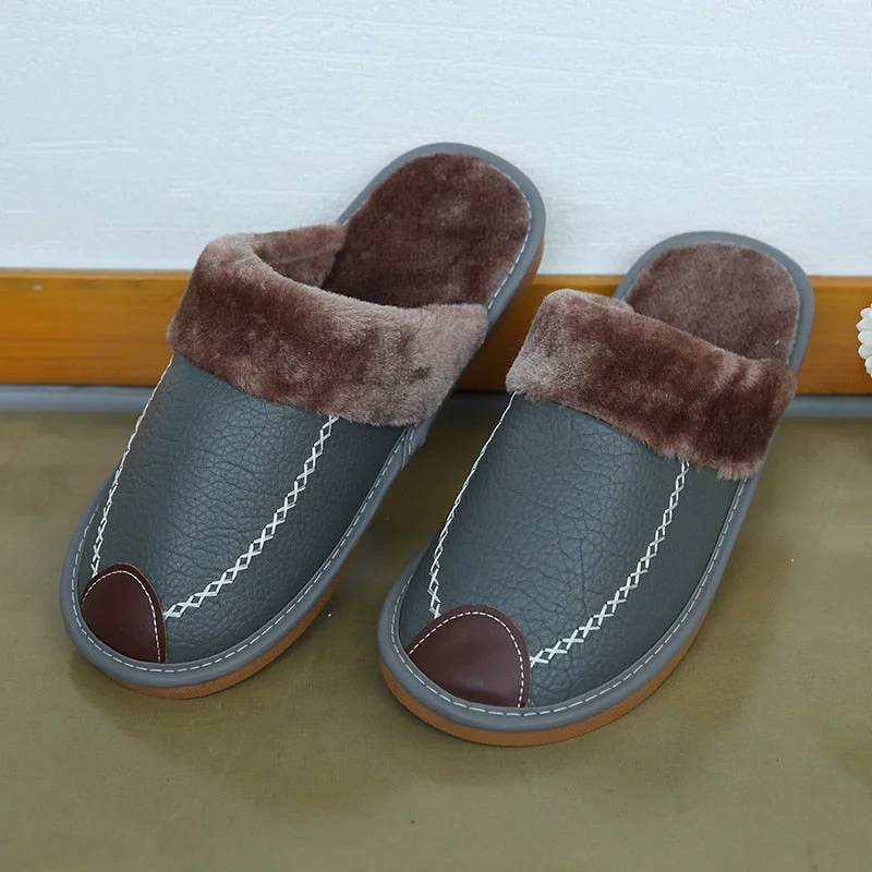 Men Leather Slippers Winter PU Leather Slippers Warm Indoor Slipper Soft Waterproof Home House Shoes Men Warm Leather Slippers