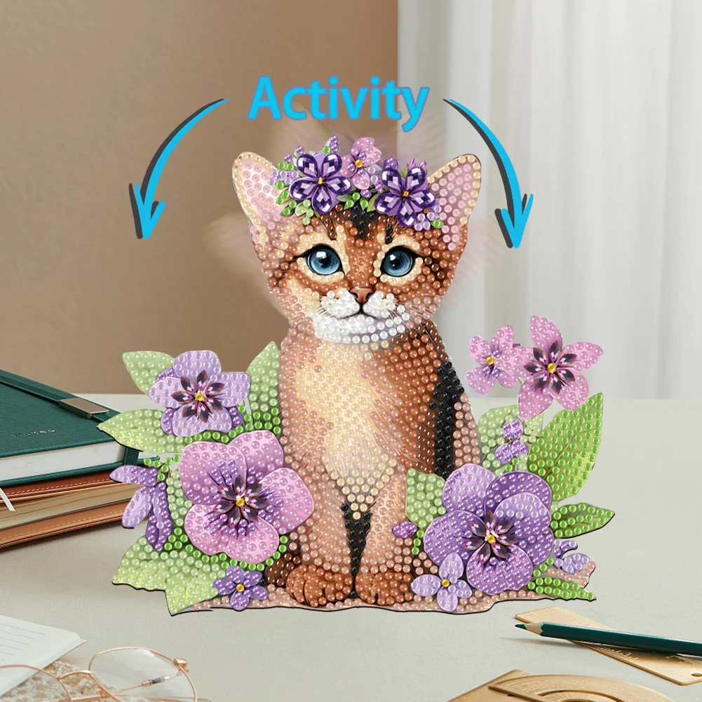 2D Flat Cat DIY Shaking Head Cat Purple Flower Diamond Painting Desktop Decor