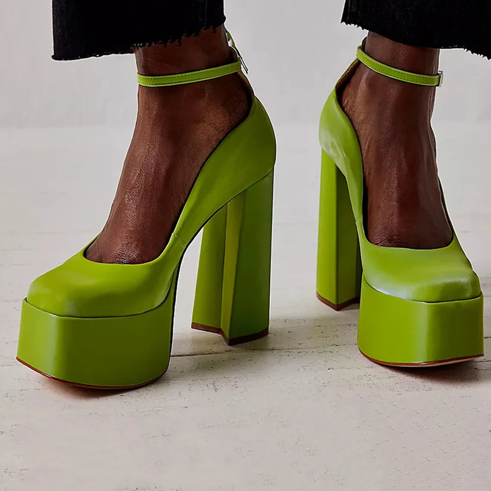 Green Square Toe With Platform Chunky Heels Ankle Strapy Pumps Nicepairs