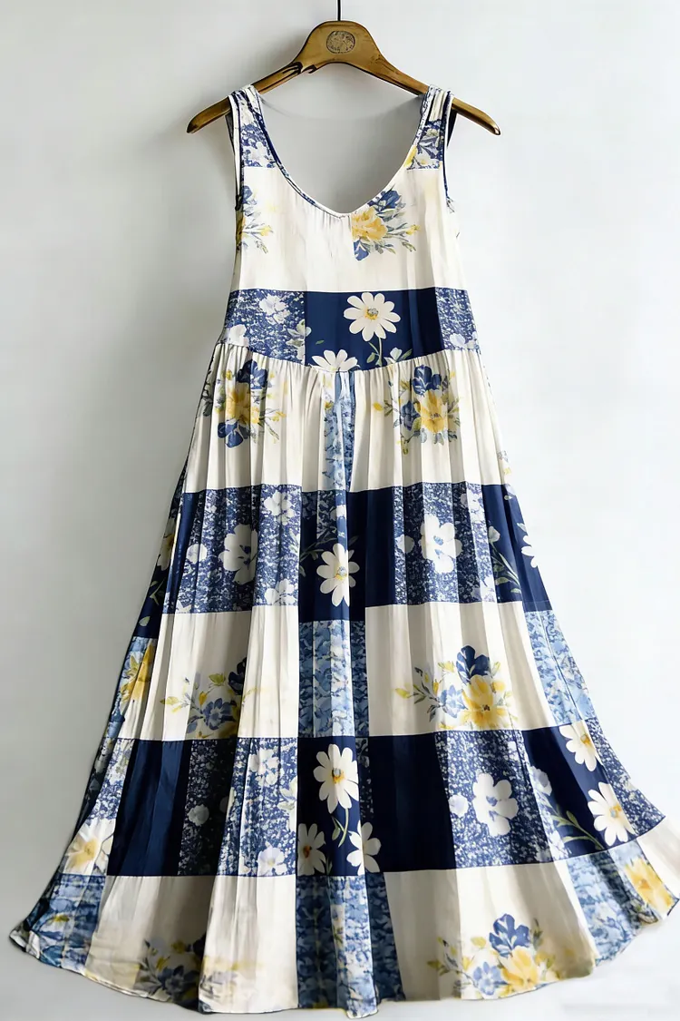 Women's Vintage Floral Colorblock Sleeveless Cotton Dress