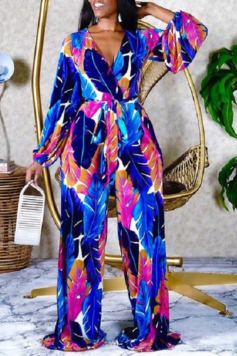 Fashion Print Patchwork V Neck Loose Jumpsuits