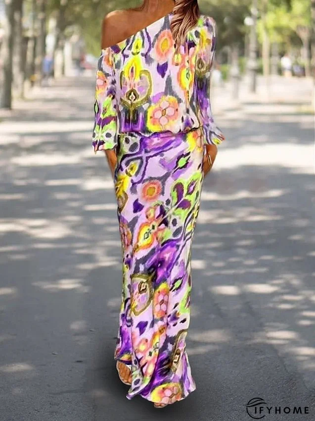 Two Piece Dress Set Casual Dress Sheath Dress Outdoor Daily Fashion Streetwear Print Maxi Dress One Shoulder Long Sleeve Graphic Abstract Loose Fit Red Royal Blue Sky Blue Summer Spring S M L for Women | IFYHOME